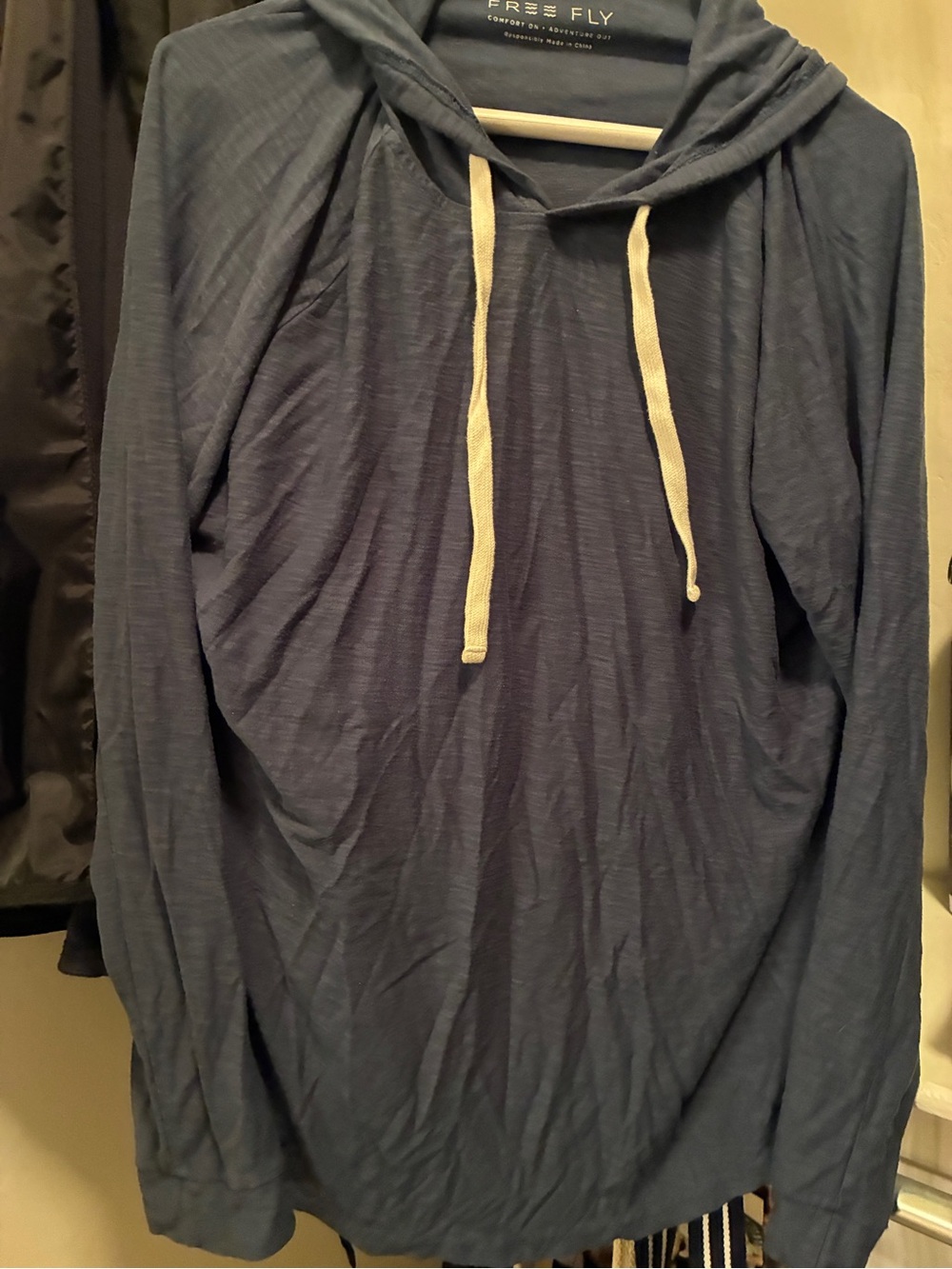 Free Fly Apparel Navy Hoodie with Cream Drawstrings